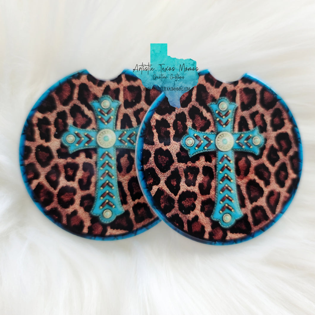 Leather Cross And Cheetah Car Coaster